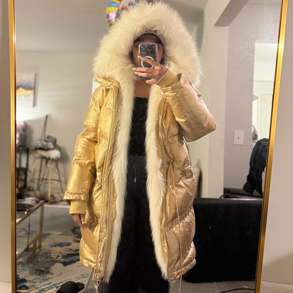 AKIRA Gold Puffer Coat with Faux Fur Hood